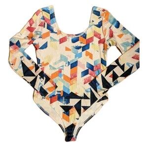 Haute Monde Bodycon Bodysuit One Piece Long Sleeve Sz L Geo Abstract Funky Rave